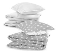 Linge de Lit Bébé Set Complet avec Couette et Oreiller 90x120 cm + Literie- Parure 4 Pièces Housse de Couette & Taie 40x60 Fermeture -Oeko-Tex Blanc avec étoiles grises / Gris avec étoiles blanches