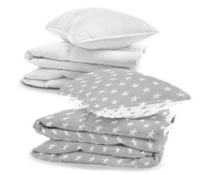 Linge de Lit Bébé Set Complet avec Couette et Oreiller 90x120 cm + Literie- Parure 4 Pièces Housse de Couette & Taie 40x60 Fermeture -Oeko-Tex Blanc avec étoiles grises / Gris avec étoiles blanches