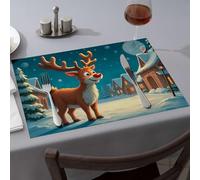 Linge de table et de cuisine Motif renne joyeux dans un village enneigé sous un ciel étoilé