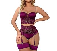 Lingerie féminine - Sexy - Dentelle au crochet - Broderie - Soutien-gorge et culotte taille haute - Ensemble push-up - Sous-vêtements, lilas, XL