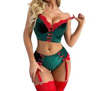 Lingerie Femme Dentelle, Vêtements de Noël en Velours Dense Soutien-Gorge à Anneau en Acier Costume Deux pièces Porte-Jarretelles Lingerie Sexy Europe et États- Grande Taille (Green, M)