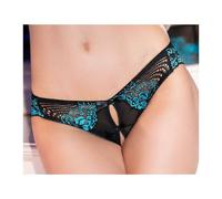 Lingerie Femme - Dessous Sexy - Tanga en dentelle ouvert Noir et Turquoise - L