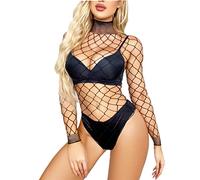 Lingerie Femme Sexy Body Résille Manches Longues Dentelle Transparente,sous-vêtements Teddy Elastiques Nuisette Hot,Combinaison Col Haut, Jumpsuit Babydoll Tops One-Piece Saint-Valentin (Noir)
