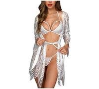Lingerie Femme Sexy Dentelle Grande Taille String Dentelle Soutien Gorge Col V Tentation Pas Cher Robe De Chambre Nuisette Dentelle (S, Blanc)