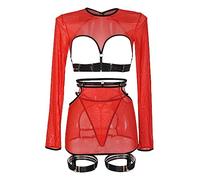 Lingerie Ouverte Très Sexy Tenu Sexy Femme Hot Ensemble de 5 Pièces de Lingerie Amusante pour Femmes,Haut À Manches Longues Personnalisé En Dentelle Creuse Avec Anneaux Jambe Femme Ensemble Bas Grande