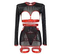 Lingerie Ouverte Très Sexy Tenu Sexy Femme Hot Ensemble de 5 Pièces de Lingerie Amusante pour Femmes,Haut À Manches Longues Personnalisé En Dentelle Creuse Avec Anneaux Jambe Femme Ensemble Bas Grande