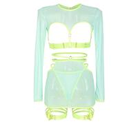 Lingerie Ouverte Très Sexy Tenu Sexy Femme Hot Ensemble de 5 Pièces de Lingerie Amusante pour Femmes,Haut À Manches Longues Personnalisé En Dentelle Creuse Avec Anneaux Jambe Femme Ensemble Bas Grande