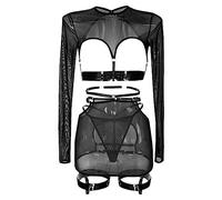Lingerie Ouverte Très Sexy Tenu Sexy Femme Hot Ensemble de 5 Pièces de Lingerie Amusante pour Femmes,Haut À Manches Longues Personnalisé En Dentelle Creuse Avec Anneaux Jambe Femme Ensemble Bas Grande