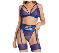 Lingerie Plus Size Underwear Perspective Mesh Bra Panties Set Blue(Blue,Medium)