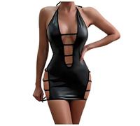Lingerie pour femme 1 pièce en cuir Teddy Body Lingerie Découpes épaules dénudées Conjoined PU Lacets Jarretière Teddy Body, Noir , S