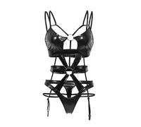 Lingerie Sexy de Pute Ensemble Sexy Femme Érotique Ensemble de Lingerie À Lacets en Cuir avec Anneau Mat Noir pour Femme avec Jarretière Body Chic Tenu Coquin
