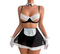 Lingerie Sexy Femme Coquine Hot Deguisement Tenue Soubrette Femme Dentelle Transparent soustien Gorge Dos Nu Mini Jupe Courte String Gants Cosplay Uniforme Tentation Femme ménage (Black, M)