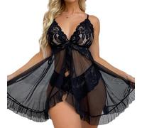 Lingerie Sexy Nuisette Femme Décolleté V Chemise de Nuit Tulle Ensemble de Lingerie en Dentelle Bretelles Reglables Babydoll avec G-String Robe de Nuit Femmes