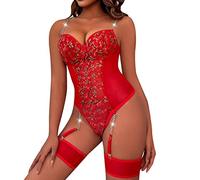 Lingerie Sexy Ouverte Entrejambe Femmes Sexy dentelle maille florale chaîne liée jarretière Teddy body avec anneau de jambe Lingerie sous-vêtements Body Blanc (Red, XXL)