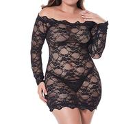 LINGERLOVE Nuisette sexy en dentelle grandes tailles pour femmes Babydoll Dessous Lingerie sans bretelles Vêtement de nuit Robe en dentelle avec string S-4XL, Noir , M-L
