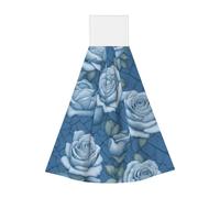 Lingettes absorbantes en velours corail avec de belles roses sur fond bleu - Serviettes à suspendre pour cuisine, salle de bain, camping, extérieur et plus encore