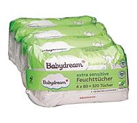Lingettes Bébé BabyDream - Extra Sensitive - Aloe Vera et Allantoin - Sans Parfum - Lot de 4 Paquets de 80 (=320 lingettes)