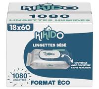 Lingettes Bébé Kikido - 1080 Pièces 18 Paquets de 60 Lingettes Nettoyantes pour Bébés - Couvercle Sauve-Fraîcheur - Sans Alcool, Phénoxyéthanol, Savon et Parabens - Pour Peaux Sensibles - Lot de 18x60