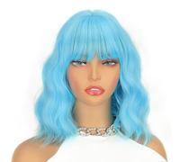 LINGHANG Perruque courte ondulée bleu clair avec frange pour femme, bou naturelle, longueur épaule, perruques colorées pour cosplay, usage quotidien