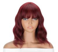 LINGHANG Perruque courte ondulée rouge vin avec frange, perruque rouge foncé pour femme, cheveux synthétiques ondulés de longueur moyenne, perruques colorées, perruques de cosplay