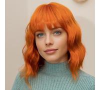 LINGHANG Perruque courte orange avec frange, perruques synthétiques bou s pour femme, pour un usage quotidien, un déguisement, un cosplay, Halloween
