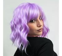 LINGHANG Perruque violette avec frange, perruques courtes violet clair pour femme, violet lavande, perruque bob, perruque ondulée, perruques synthétiques de cosplay pour fête, fête d'Halloween