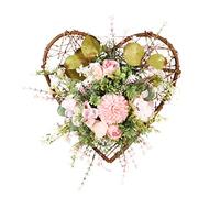 LINGJIONG porte d'entrée printemps, fleurs artificielles en forme cœur, couronnes en soie avec eucalyptus et rotin - Forme cœur, chrysanthème et couronnes en soie, accessoires