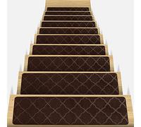 LINGKY Lot de 15 Marchette D'escalier Auto-adhésif Tapis D'escalier Antidérapants pour Marches en Bois, Tapis D'intérieur Lavable Amovible de 76x20cm pour Chiens Enfants Aînés (Marron,15)