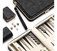 Lingle Jeux de Backgammon de 23,9 cm pour Adultes, Jeu de société Classique avec étui de Backgammon Pliable en Simili Cuir, Ensemble de Voyage Portable, Comprenant 30 Dames en Corne (Noir)