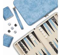 Lingle Jeux de Backgammon de 23,9 cm pour Adultes, Jeu de société Classique avec étui de Backgammon Pliable en Cuir, Ensemble de Backgammon de Voyage Portable, Comprenant 30 Dames en Corne (Bleu)