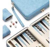 Lingle Jeux de Backgammon de 23,9 cm pour Adultes, Jeu de société Classique avec étui de Backgammon Pliable en Simili Cuir, Ensemble de Voyage Portable, Comprenant 30 Dames en Corne (Bleu)