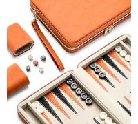 Lingle Jeux de Backgammon de 23,9 cm pour Adultes, Jeu de société Classique avec étui de Backgammon Pliable en Simili Cuir, Ensemble de Voyage Portable, Comprenant 30 Dames en Corne (Orange)
