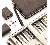 Lingle Jeux de Backgammon de 23,9 cm pour Adultes, Jeu de société Classique avec étui de Backgammon Pliable en Simili Cuir, Ensemble de Voyage Portable, Comprenant 30 Dames en Corne (Marron)