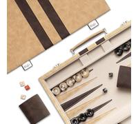 Lingle Jeux de Backgammon de 38cm pour Adultes, Jeu de société Classique avec étui de Backgammon Pliable en Simili Cuir, Ensemble de Voyage Portable (Brown)