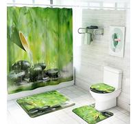 Lingquare 4 pièces Ensemble Vert Bambou Motif Tissu Rideaux de Douche Gouttes d'eau Pierres Zen Rideau de Salle de Bain Tapis antidérapants Rideaux de Bain Tapis Ensemble