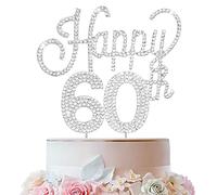 LINGTEER Décoration de gâteau avec strass argentés « Happy 60th Birthday » - Cheers to 60th Birthday 60th Birthday 60th Anniversary Party Centre de table Décorations Cadeau Pancarte