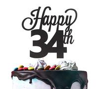 LINGTEER Décoration de gâteau « Happy 34th Birthday » noire - Cheers to 34 Years Old Birthday Party Cadeau Centre de table Décorations Pancarte