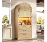LINHOO Vitrine Arquée 80x35x180 cm Effet Chêne Clair avec LED Réglable, Portes en Rotin, 3 Tiroirs et Rangements