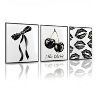 Linilioart Art Mural Lèvres Nœud Affiches Vintage Noir et Blanc Cerise Lot de 3 Style Preppy Esthétique Impressions sur Toile pour Chambre de Fille, Sans Cadre (30x40cm)