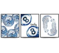 Linilioart Lot de 3 affiches murales tendance bleues Lucky 8 - Image esthétique rétro pour chambre à coucher, salon, sans cadre (20 x 25 cm)