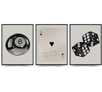 Linilioart Lot de 3 décorations murales esthétiques noires et blanches - 8 balles - Dés de poker rétro - Impressions pour appartement ou dortoir - Sans cadre (50 x 75 cm)
