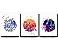 Linilioart Lot de 3 toiles murales sur le thème du sport - Style rétro - Graffiti - Football - Baseball - Basketball - Sans cadre - 21 x 30 cm