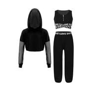 Linjinx 3Pcs Enfant Fille Costume Danse Moderne Hip-hop Tenue Danse Jazz Sweat à Capuche Court et Débardeur et Pantalon Vêtements de Danse de Rue Streetwear 5-14 ans Noir 7-8 ans