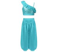 Linjinx Costume Danse du Ventre Enfant Fille Tenue Danse Orientale Belly Dance Haut Danse Paillettes et Pantalon Déguisement Indien Princesse Costume Spectacle 5-16 Ans Bleu 5-6 ans