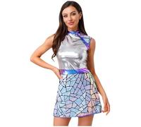 Linjinx Déguisement Astronaute Femme Combinaison de Cadet Spatiale Métallique Robe Alien Astronaute Carnaval Cosplay Costume Halloween Mini Robe Clubwear S-XXL Argenté L