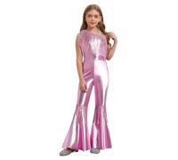 Linjinx Déguisement Disco Enfant Fille Costume Disco des Années 70 Combinaison 80s Brillant Justaucorps Gymnastique Danse Salopette Bodysuit 5-16 Ans Rose 7-8 ans