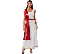 Linjinx Déguisement Romaine Femme Déesse Grecque Costume Robe Togue Romaine Ancienne Col Carré Asymétrique Costume Cosplay Halloween Carnaval Fête Party S-4XL blanc rouge M