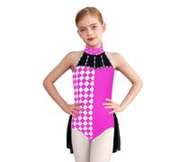 Linjinx Enfant Fille Costume Clown Cirque Déguisement Arlequin Cosplay Carnaval Halloween Costume Bouffon Justaucorps Gymnastique Danse à Paillettes Bodysuit 5-16 Ans Rose vif 11-12 ans