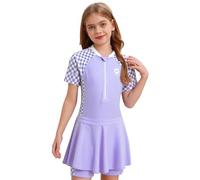 Linjinx Enfant Fille Maillot de Bain Jupette 2 Pieces Robe de Bain Plage Anti UV UPF 50+ Manches Courtes Combinaison de Natation Zippée Combi-Short de Piscine 8-15 Ans Violet 12-13 Ans