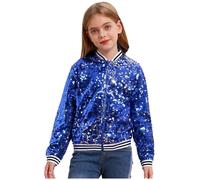 Linjinx Enfant Filles Blazer à Paillette Court Manteau Ajusté Zippé Veste Brillante à Manches Longues Blouson Haut de Danse Disco Soirée Chemise Décontractée 5-16 ans Bleu royal 13-14 ans